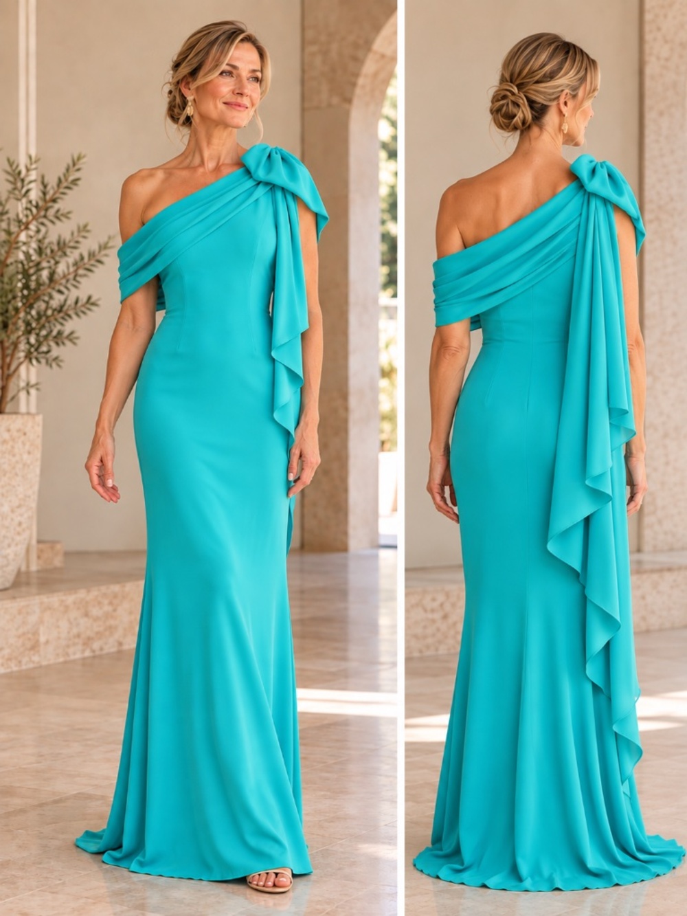 Tadashi Shoji Casia Teal Bow Shoulder Crepe Formal Gown Dress Size 8